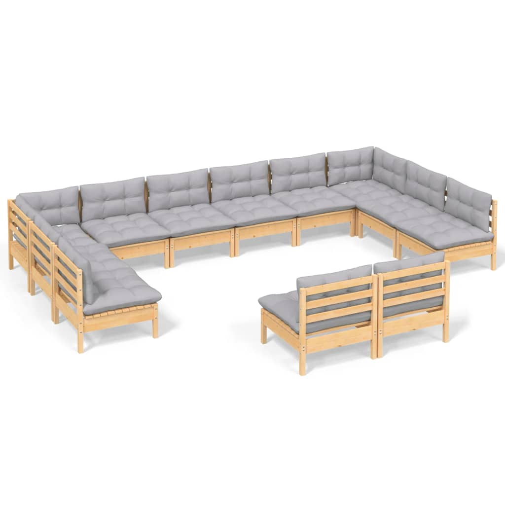 12-tlg. Garten-Lounge-Set mit Grauen Kissen Kiefer Massivholz
